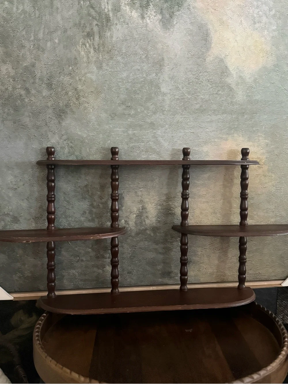 Vintage 1960s Three-Tier Spindle Wall Shelf | Mahogany Effect Display Decor